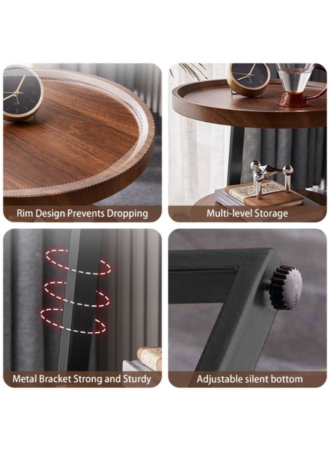 شويوين طاولة جانبية مستديرة بثلاثة أرفف (ارتفاع 60 سم) - سطح خشبي وإطار معدني مع حافة مانعة للانزلاق، طاولة قهوة صغيرة لغرفة المعيشة أو غرفة النوم أو الشرفة - Image 5